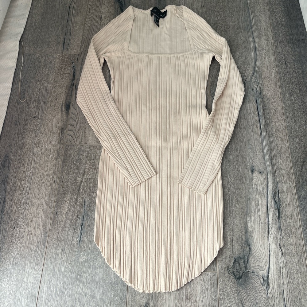 Barneys New York Cream Ribbed Long Sleeve Dress